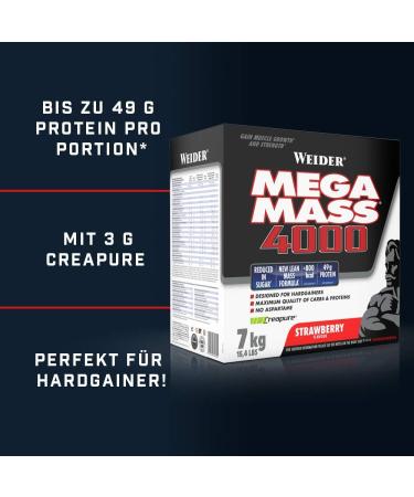 Weider Mega Mass 4000 Weight Gainer Shake - Strawberry | Protein Creatine Complex Carbs & Vitamins | Perfect Muscle Building Supplement | 7kg - Buy Online on GoSupps.com