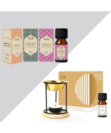 Floral Oud Diffuser Oil Set & Oil Burner by Dukhni | Brass Burner with Candle I 3 x 10ml oudh Essential Oil Aroma Oil for Diffuser & humidifier | Relax with Home Aromatherapy