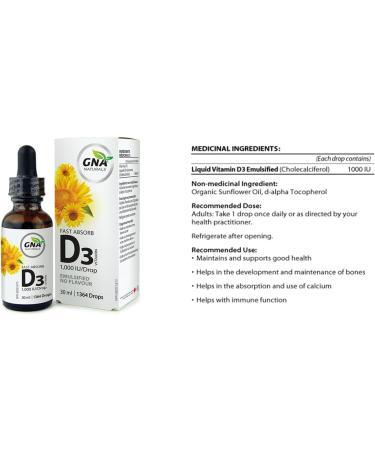 GNA Naturals - Fast Absorb Vitamin D3 1 000 Iu/Drop - Emulsified No Flavour 30ml/ 1364 drops 30 milliliter - Buy Online on GoSupps.com