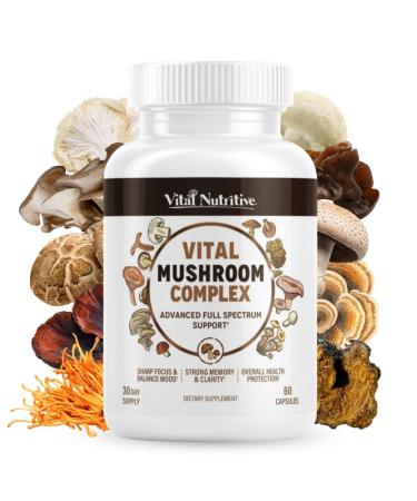Vital 10-in-1 Mushroom Supplement Complex High Potency Lion s Mane Cordyceps Reishi & Turkey Tail Capsules Nootropic Brain Support for Memory Focus & Energy 30 Day Supply