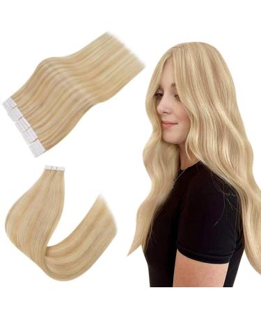 Easyouth tape in extension real hair extension tape real hair color honey blonde highlight with light blonde 12 inch 40g glue on hair extensions real hair #27p613 30 cm 1-9 #27P22 (27/613)