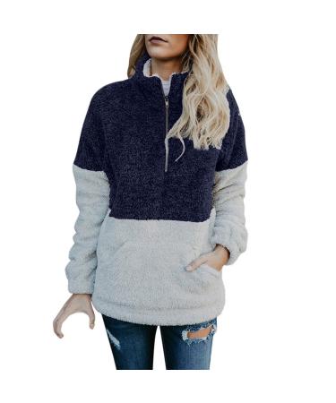 Bigfanshu Womens Tops Winter Warm Long Sleeve Stitching Leopard Plush Blouse Coat Sweater Blue