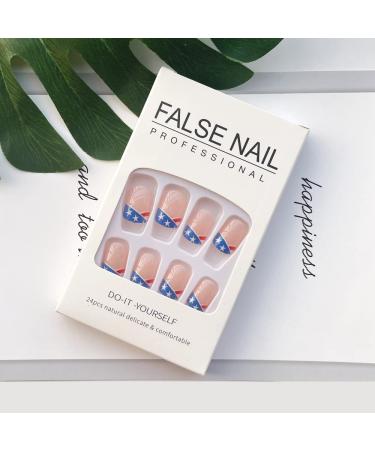4th of July Short Square French Tip Press on Nails - Patriotic Independence Day Design - 24Pcs - Buy Online on GoSupps.com
