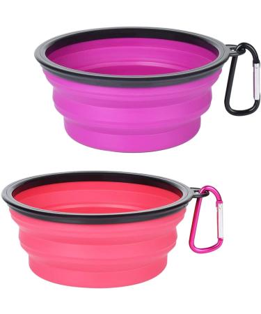 WZX 2- Pack Large Silicone Collapsible Dog Bowl (32oz) BPA Free and Dishwasher Safe Portable Foldable Travel Bowl Food and Water Bowls for Dogs and Cats(Purple+Pink)