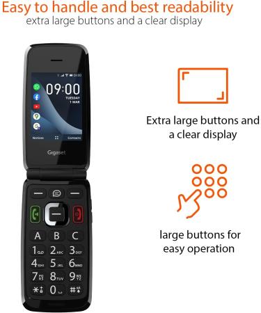 Gigaset GL7: Internet-Ready Mobile Phone with SOS Function, Large Buttons, WLAN, Bluetooth Hearing Aid Compatible, WhatsApp Button, Foldable Design - Black - Buy Online on GoSupps.com