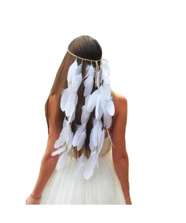 Boomly Feather Headband Bohemia for bridal wedding Tassel Headdress for Women in Bride Party(white)