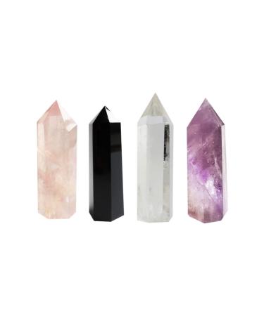 Set with 4 healing crystal bars |Amethyst crystal clear quartz crystal stick & rose quartz crystal tip black obsidian |6 Faceted Reiki-Chakra meditation therapy set with 4 chakra crystal rods
