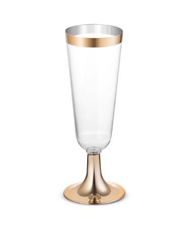 BloominGoods 50 Plastic Gold Rimmed Champagne Flutes | 5.5 oz. Clear Hard Disposable Party & Wedding Glass | Premium Heavy Duty Fancy Cup (50-Pack)