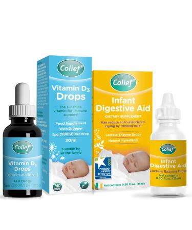 Colief Infant Digestive Aid & Colief Vitamin D3 Drops | Gas Drops for Babies | Suitable from Birth | Reduces Baby Colic Tummy Bloating Fussing & Crying | 90 Servings | 0.5 Fl Oz & 0.67 Fl Oz