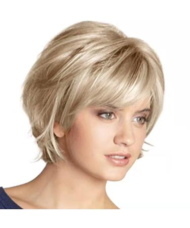 SENHORAS Short Blonde Wig with Bangs Blonde Mix Brown Wigs for White Women Natural Fluffy Synthetic Hair Womens Wigs