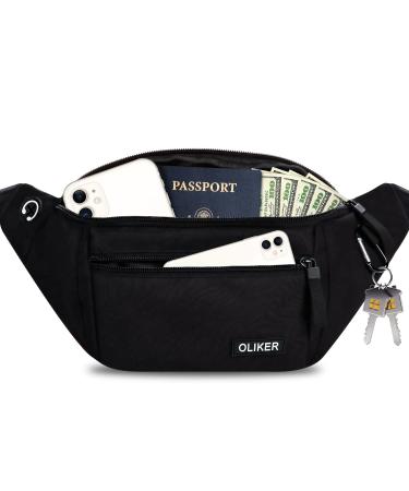 OLIKER Fanny Pack for Men Women,Large Crossbody Waist Bag Pack with 4-Zipper Pockets Adjustable Straps Side Key Ring Gifts for Outdoor Sports for Walking Running Travel Hiking Fit All Phones (Black)