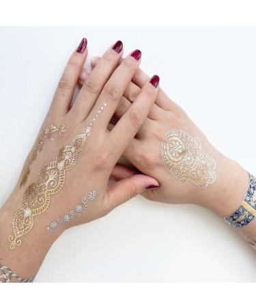 Glitter Temporary Tattoos Set - 12 Gold & Silver Henna Metallic Stickers for Women & Girls | Waterproof & Large | Style9 - Buy Online on GoSupps.com
