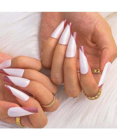 Sethexy Long Coffin French Ballerina False Nails - 24 Glossy Acrylic Press-On Nail Tips for Women & Girls - Buy Online on GoSupps.com