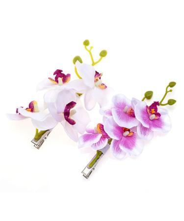2PCS Hawaiian Orchid Flower Hair Clips Flowers Alligator Clips Hairpins Holiday Travel Wedding Decoration Hair Accessories For Women Lady Bridal (White Purple)