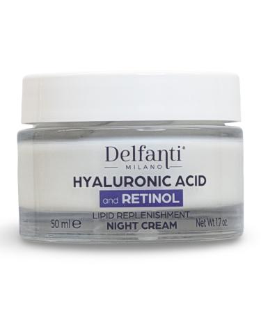 Delfanti-Milano HYALURONIC ACID and RETINOL Night Cream Deep Hydration Lipid Replenishment Face & Neck Moisturizer Made in Italy 1.7 oz jar