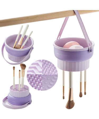 Makeup Brush Cleaner Mat 3 in 1 Silicone Makeup Cleaner Bowl with Makeup Brush Holder Cosmetic Brush Washing Tool for Cosmetic Cleaning Drying Storage Brushes Powder Puffs and Sponges(Purple)