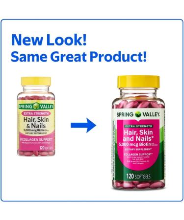 Spring Valley Extra Strength Hair Skin & Nails Dietary Supplement with Biotin 5000 mcg per Serving 120 Capsules - Buy Online on GoSupps.com