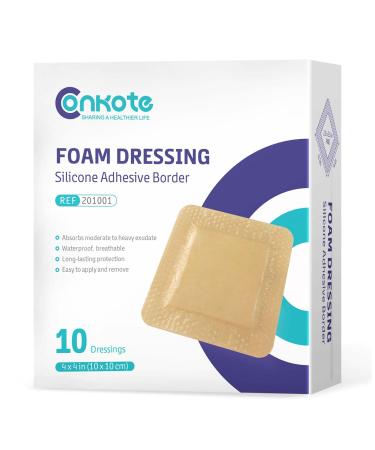 Conkote Silicone Adhesive Foam Dressings 4'' X 4'', Waterproof Bandages for Wound Care, Box of 10 Dressings 4'' x 4'' (10 Dressings)