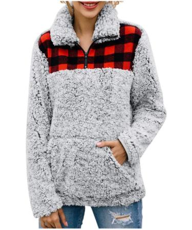 Bigfanshu Women's Sweatshirt Plaid Flannel Patchwork Autumn Winter Female Clothes Long Sleeve Pullover Shirt Tops Blouse Gray - Buy Online on GoSupps.com