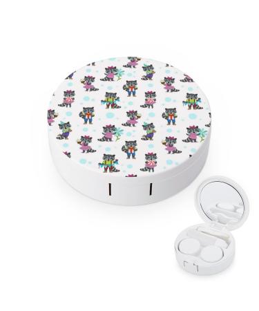 Cute Raccoon with Birthday Cake Round Case For Contact Lens Kit Storage Box with Mirror Printed