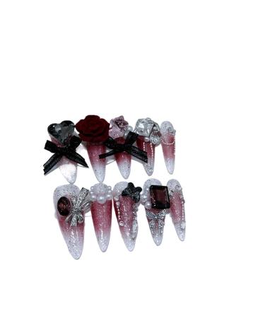European and American Wine Red Heavy Industry Full Drilling Through Armor Handmade Nail Art Detachable Fake Nails(M) 1 count (Pack of 1)