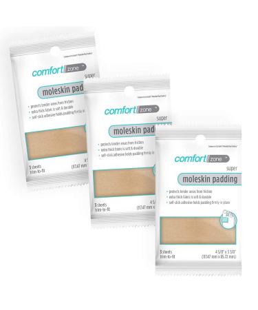 Comfort Zone Super Moleskin Padding, Protects Tender Areas of The Foot from Friction, Light Brown, 3 Count, Pack of 3