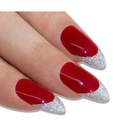 False Nails Bling art Red Silver Stiletto Almond 24 Artificial Nails Long Tips with Glue - Buy Online on GoSupps.com