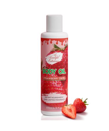 Body oil designed for Deep Hydration to nourish protect and rejuvenate the skin while leaving it with a soft radiant glow and a strawberry scent long -lasting fragrance jojoba oil and more 6.76oz Strawberry Swirl