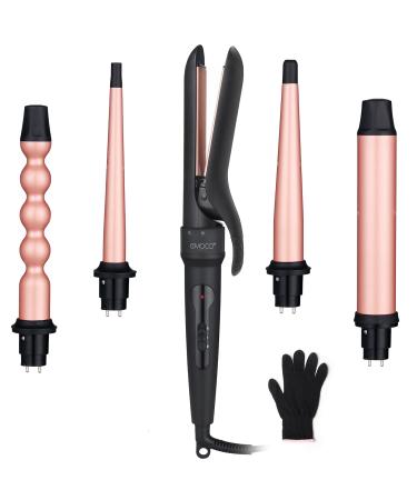 5 in 1 Curling Wand Set - EMOCCI PRO Hair Waver Iron Straightener and Curler 2 in 1 with 5 Interchangeable Ceramic Tourmaline Barrels Heat Resistant Glove Dual Voltage for All Curly and Wavy Hairstyle Rose Gold