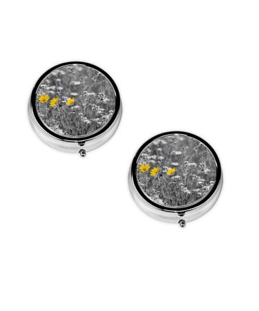 Black and White Sunflowers Printed Mini Round Pill Box Pill Box 3 Compartment Medicine Pill Case Pill Organizer Travel Pillbox Portable Pill Box for Pocket Home Office Use