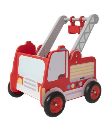 Red Fire Truck Wooden Baby Push Walker - 2-in-1 Toddler Push & Pull Toys Learning Walker Stroller Walker with Wheels for Baby Girls Boys 1-3 Years Old