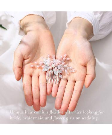 Edary Silver Bride Wedding Hair Comb Pink Pearl Headpiece Leaf Bridal Hair Accessories for Women and Girls - Buy Online on GoSupps.com