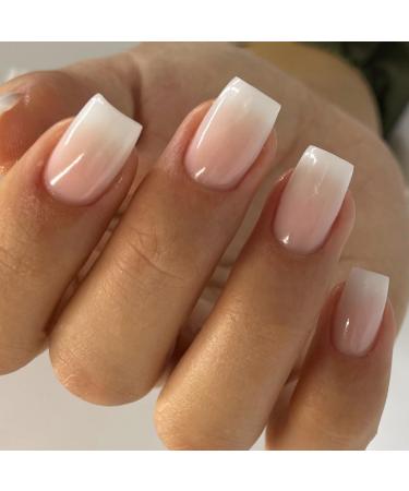 Justotry 24 pieces white nails to stick on short single -colored angular press on nails design glossy nude artificial nails fake nails French square fingernails artificial nails for women 26white & solid9