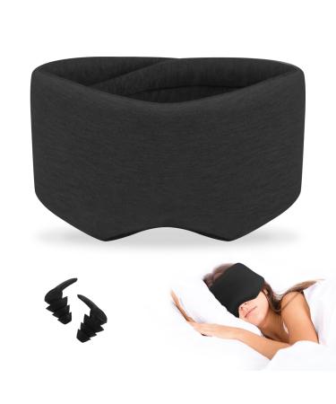 Handmade Cotton Sleep Mask with a Pair of Earplugs Double Thickened Nose Wing Eye Masks for Sleeping Light Blocking Adjustable Eye Cover for Women & Men (Black)