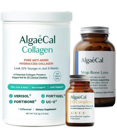 ALGAECAL Calcium Vitamin D3 & Collagen Bundle Collagen with Clinically-Supported Verisol Fortibone & Fortigel Plus 13 Bone Supporting Minerals and Vitamin ADEK for Bone Health & Anti-Aging