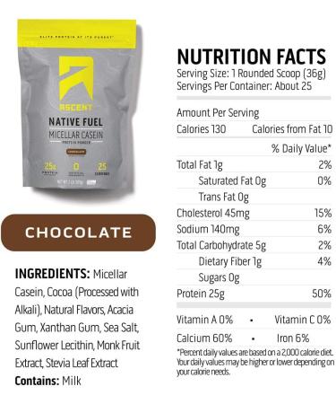 Ascent Native Fuel Casein Protein Powder - Chocolate 2 Pounds - 25g Micellar Casein - Soy & Gluten-Free - No Added Sugar - 4.9g BCAA - 2.2g Leucine - Zero Artificial Ingredients - Buy Online on GoSupps.com