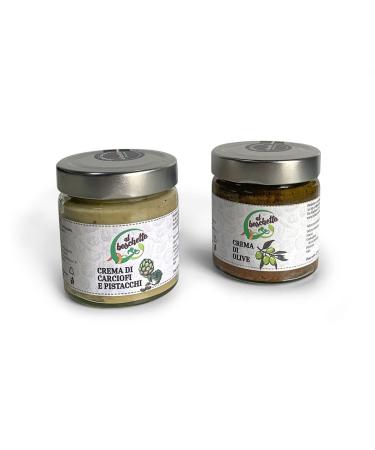 Artichoke and Pistachio Cream and Al Boschetto Olive Cream, 100% natural, MadeinItaly, Km0, 2 jars of 200 g each.