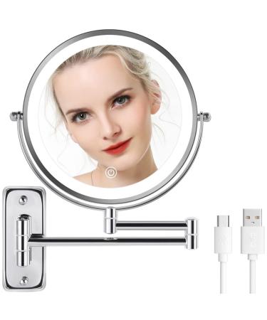 8" Rechargeable Lighted Wall Mounted Makup Mirror, ALHAKIN 10x Magnifying Mirror with Light, Double-Sided Dimmable Mirror with 3 Color LED Lights Extended Mirror for Bathroom Shaving Chrome