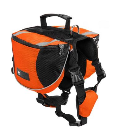 Kiepoar Saddle Bag Dog Backpack for Medium Large Dogs Panniers Backpack for Travel Hiking Training Reflective Waterproof Adjustable Wiring Harness Vest with Handle (Orange M (Dog 18 kg - 28 kg) Orange M