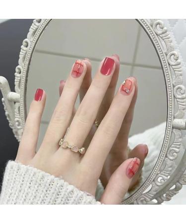 French Tip Press on Nails - Short Press On Nails with Nail Tips Red checkered with Rhinestones false nails press on nails Acrylic False Nails Cute Artificial Nails