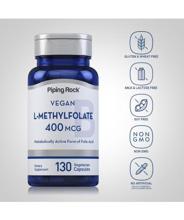 Piping Rock L MethylFolate Supplement | 400 mcg | 130 Capsules | Vegetarian Vegan | Non-GMO Gluten Free - Buy Online on GoSupps.com