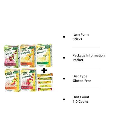True Lemon Assorted Beverage Pack - 5 Boxes, 10ct Each with 5 Free Bonus Lemonade Sticks - Original, Peach, Black Cherry Limeade, Mango Orange, Raspberry Lemonade - 55 Count - Buy Online on GoSupps.com