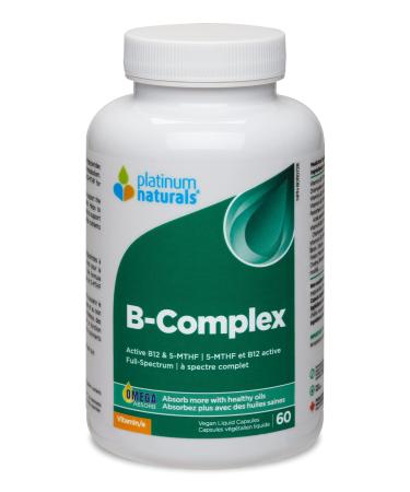 Platinum Naturals Vitamin B-Complex 60 Vegan Liquid Capsules - Enhanced with Methyltetrahydrofolate for Optimal Absorption Includes B1 B2 B6 B12 and Folate - Support for Energy Brain & Heart 60 count (Pack of 1)
