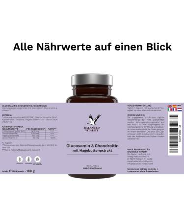 Glucosamin & Chondroitin Capsules - 1400mg Glucosamine 1200mg Chondroitin 80mg Vitamin C - 180 Capsules - Made in Germany - 2 Months Supply - Balanced Vitality - Buy Online on GoSupps.com