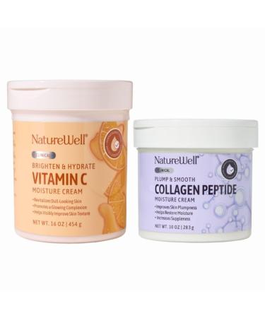 NATURE WELL Clinical Vitamin C 16oz & Collagen Peptide 10oz Moisturizing Cream Bundle for Face Body & Hands Plump & Nourish Brighten & Smooth Provides Intense Hydration For Dry & Dull Skin