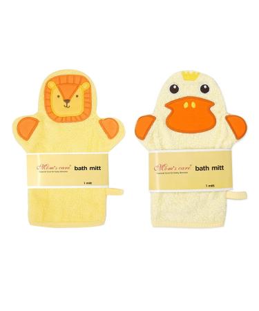 2Pcs Yellow Baby Wash Mitt - Cute Animal Designs Kids Washcloths Glove Child Bath Mitt for Cleanse The Skin(Lion Duck)