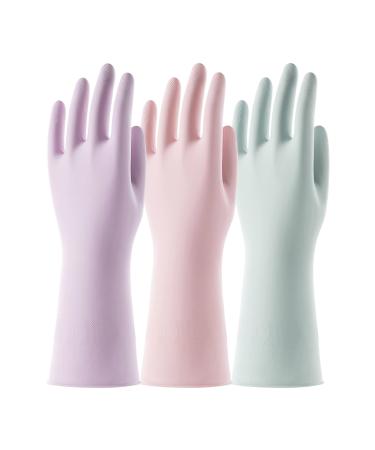 COOLJOB 3 Pairs Reusable Rubber Gloves for Dishwashing Cleaning Bleaching Grippy Latex Dish Washing Gloves with Flocked Cotton Liner Water Resistant Household Gloves for Kitchen Bathroom Small Small (Pack of 3) Assorted Colors