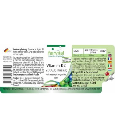 Fairvital Vitamin K2 Liquid 50ml - Highly Dosed Menaquinone MK-7 from Natto - Vegan - 1/2 Year Supply - Buy Online on GoSupps.com