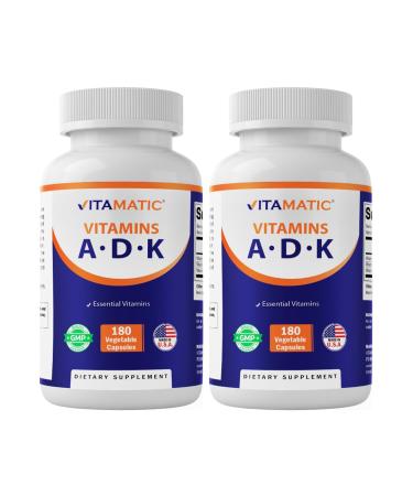 Vitamatic ADK Vitamin Supplement, 180 Veg Capsules, High Potency Vitamins A, D3, K2 for Bone Health, Calcium Absorption, Non-GMO, Gluten Free - 2 Pack