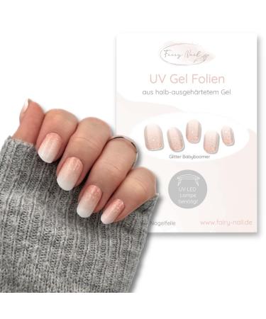 Fairy nail uv nail foils self -adhesive gel foils half hardened 16 pieces of nailwraps nail polish strips to stick (glitter baby boomer)